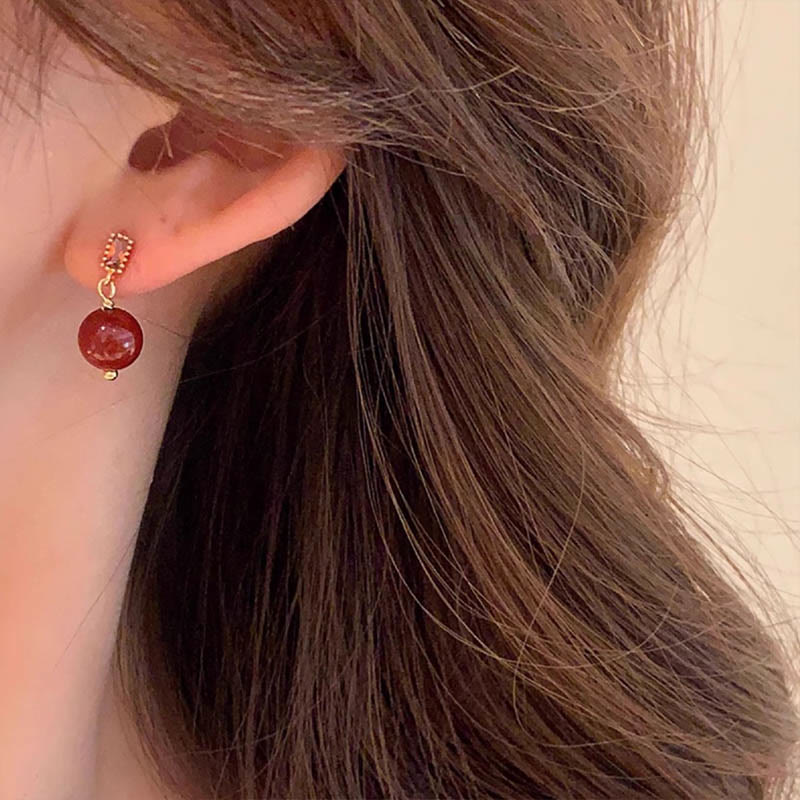 Wear FengShui 925 Sterling Silver Posts 14K Gold Filled Cinnabar Bead Zircon Calm Earrings