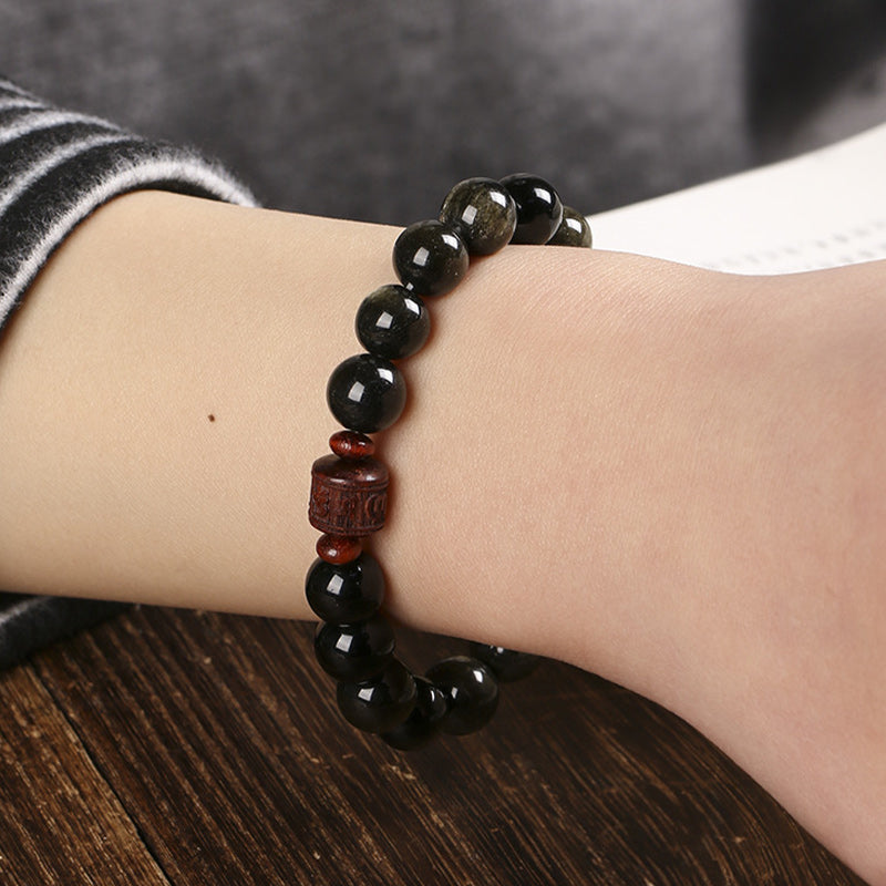 Wear FengShui Natural Gold Sheen Obsidian Rainbow Obsidian Om Mani Padme Hum Fu Character Healing Bracelet
