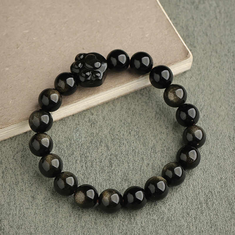 Wear FengShui Gold Sheen Obsidian Silver Sheen Obsidian Lovely Paw Lucky Cat Protection Bracelet