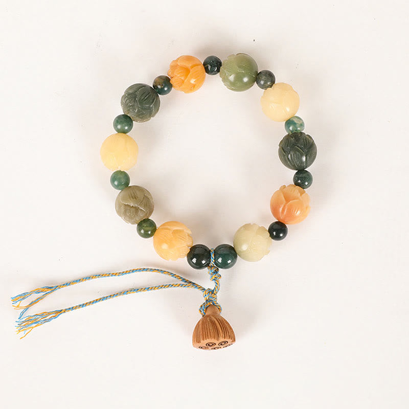 Wear FengShui Bodhi Seed Lotus Bead Engraved Moss Agate Peace Calm Bracelet