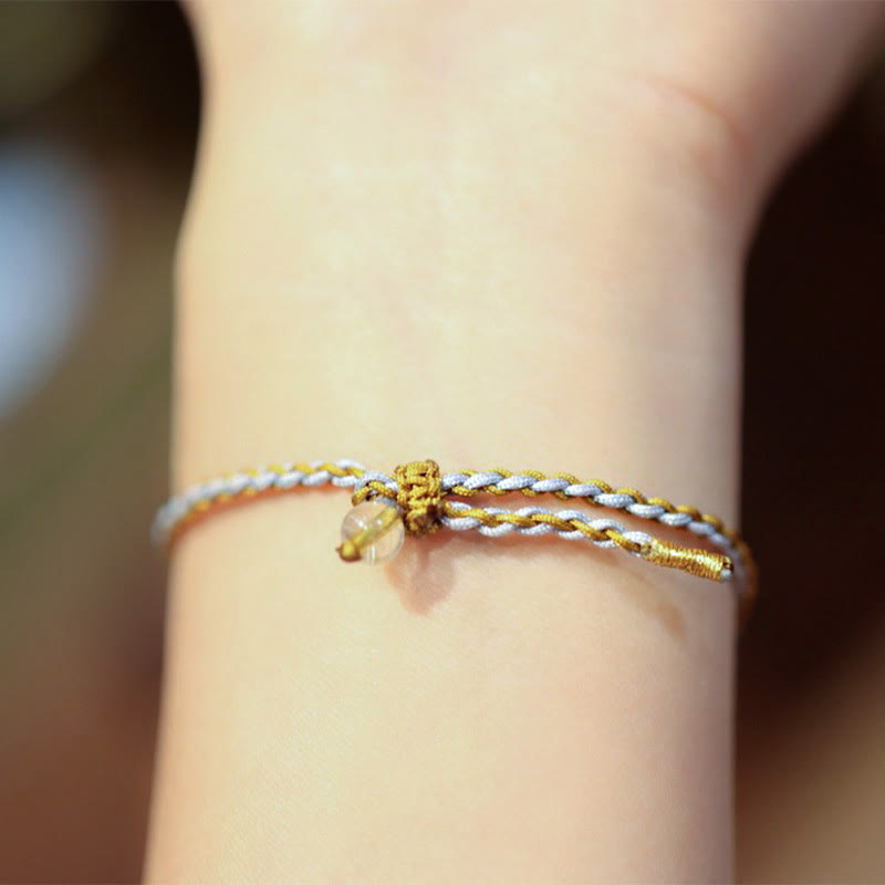 Wear FengShui 925 Sterling Silver Natural Jade Gourd Rutilated Quartz Fu Character Luck Braid Bracelet