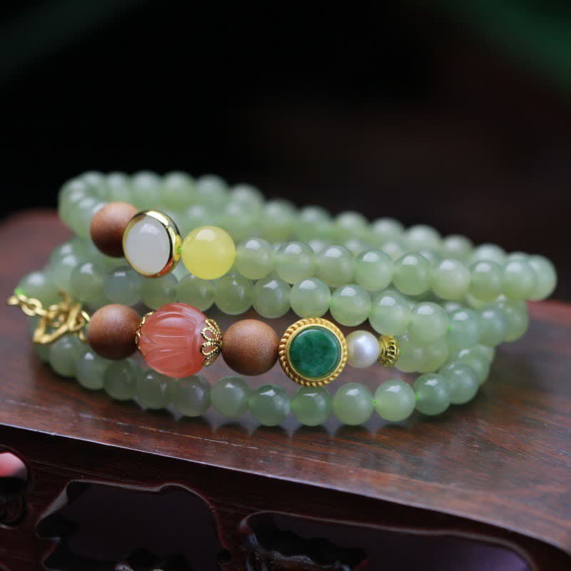 Wear FengShui Natural Hetian Jade Amber Lotus Red Agate Luck Abundance Bracelet