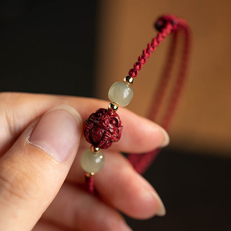Wear FengShui Natural Cinnabar Chinese Zodiac Hetian Jade Fu Character Luck Rope Bracelet