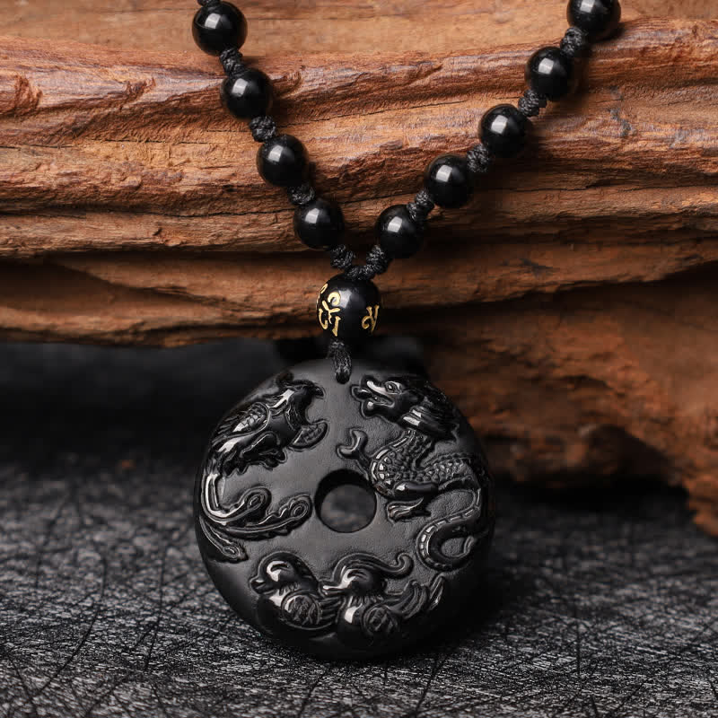 Wear FengShui Black Obsidian Dragon Phoenix Mandarin Duck Luck Protection Necklace Pendant