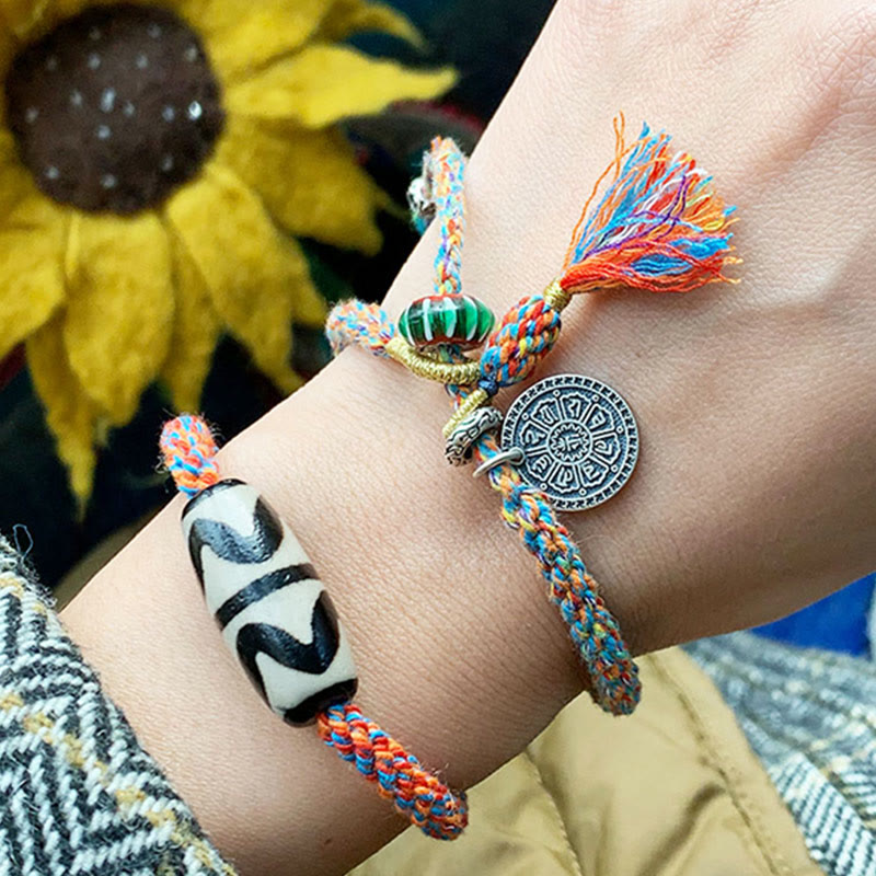 Wear FengShui Tibetan 925 Sterling Silver Om Mani Padme Hum Handmade Dzi Bead Protection Braid Bracelet