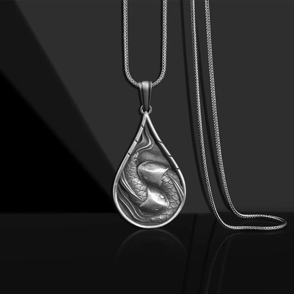 Wear FengShui Double Lucky Koi Fish Prosperity Pure Tin Water Drop Pattern Necklace Pendant