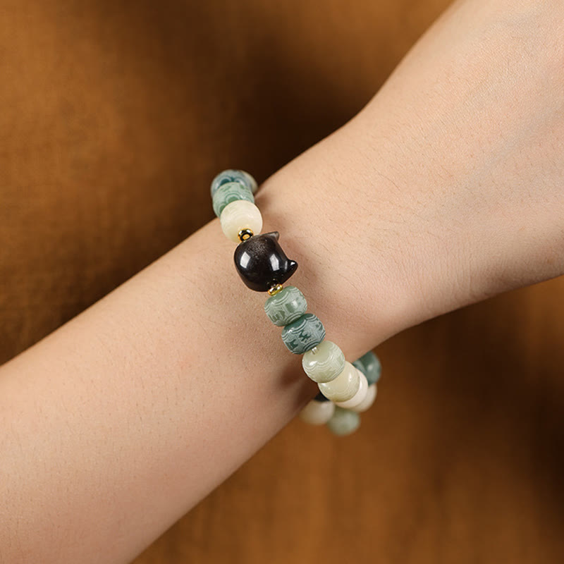Wear FengShui Bodhi Seed Silver Sheen Obsidian Cat Head Om Mani Padme Hum Engraved Harmony Bracelet