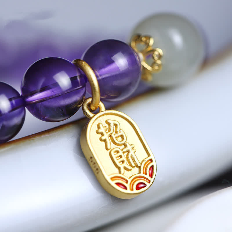 Wear FengShui Natural Amethyst Crystal Hetian Jade Healing Charm Bracelet