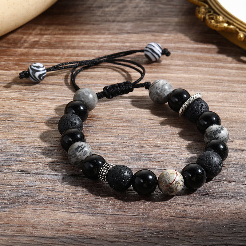 Wear FengShui Vintage Lava Rock Black Obsidian Picasso Jasper Beads Support Rope Bracelet