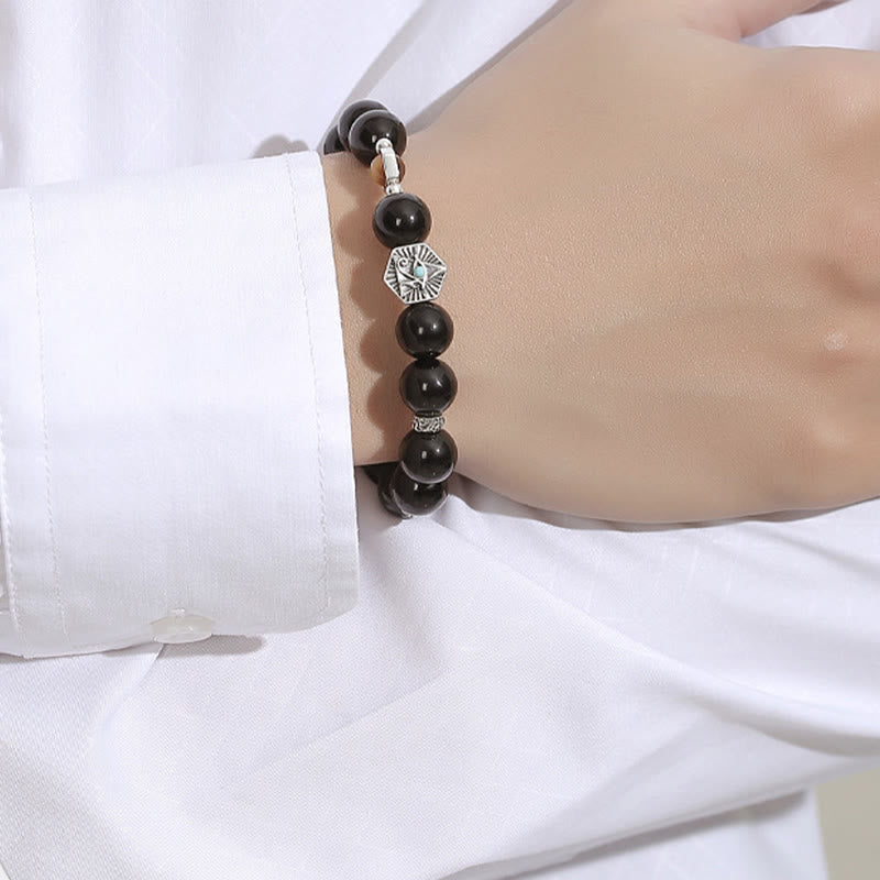Wear FengShui 925 Sterling Silver Black Obsidian Tiger Eye Eye of Providence Purification Bracelet