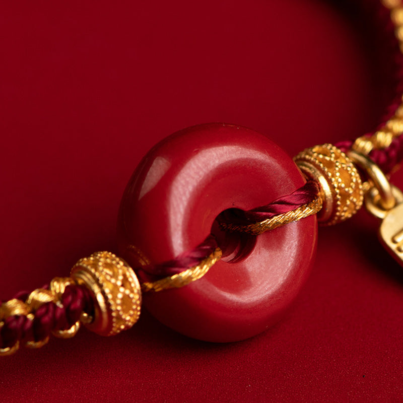 Wear FengShui Natural Cinnabar Peace Buckle Fu Character Charm Blessing Braided Bracelet