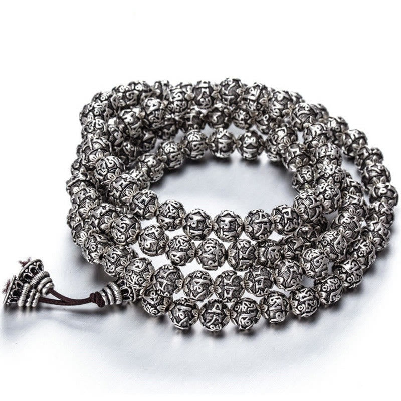 Wear FengShui Tibetan Om Mani Padme Hum Carved Alloy Beads Amulet Bracelet