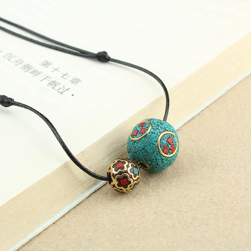 Wear FengShui Tibetan Turquoise Double Bead Protection Strength Necklace Pendant