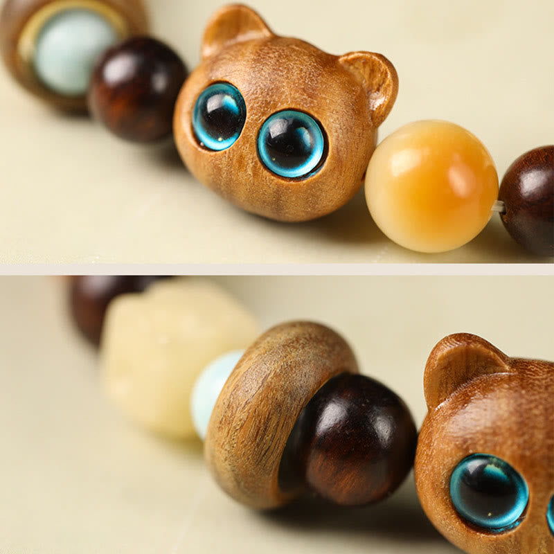Wear FengShui Natural Bodhi Seed Sandalwood Lucky Cute Cat Head Paw Claw Peace Bracelet