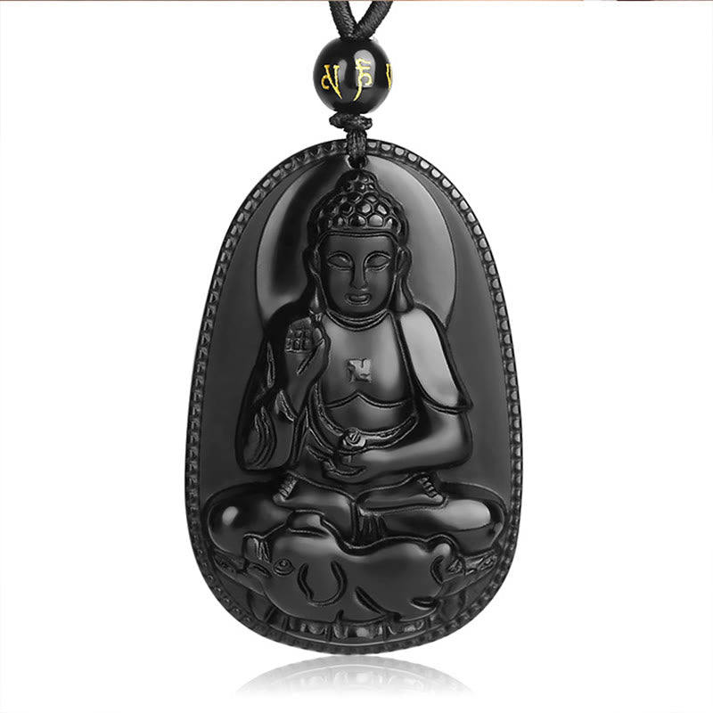 Wear FengShui Chinese Zodiac Natal Buddha Natural Black Obsidian Purification Necklace Pendant