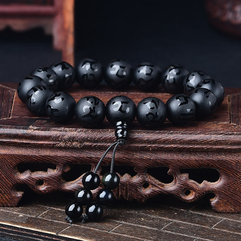 Wear FengShui Tibet White Crystal Black Onyx Om Mani Padme Hum Meditation Bracelet