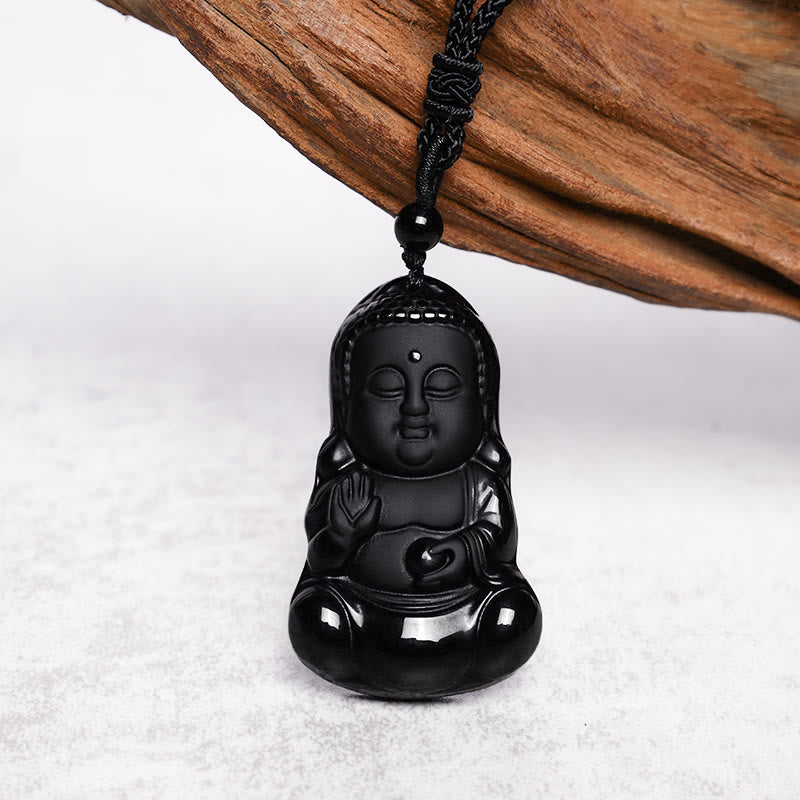 Wear FengShui Natural Black Obsidian Crystal Buddha Strength Protection Amulet Lucky Charm Pendant Necklace