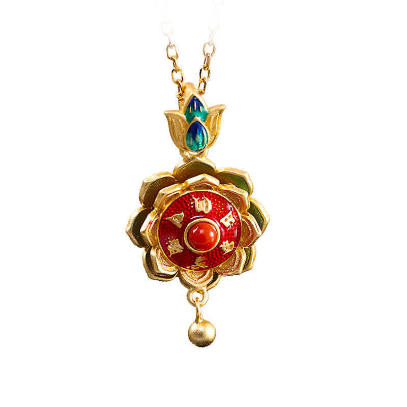 Wear FengShui 925 Sterling Silver Tibet Lotus Prayer Wheel Red Agate Enlightenment Necklace Pendant