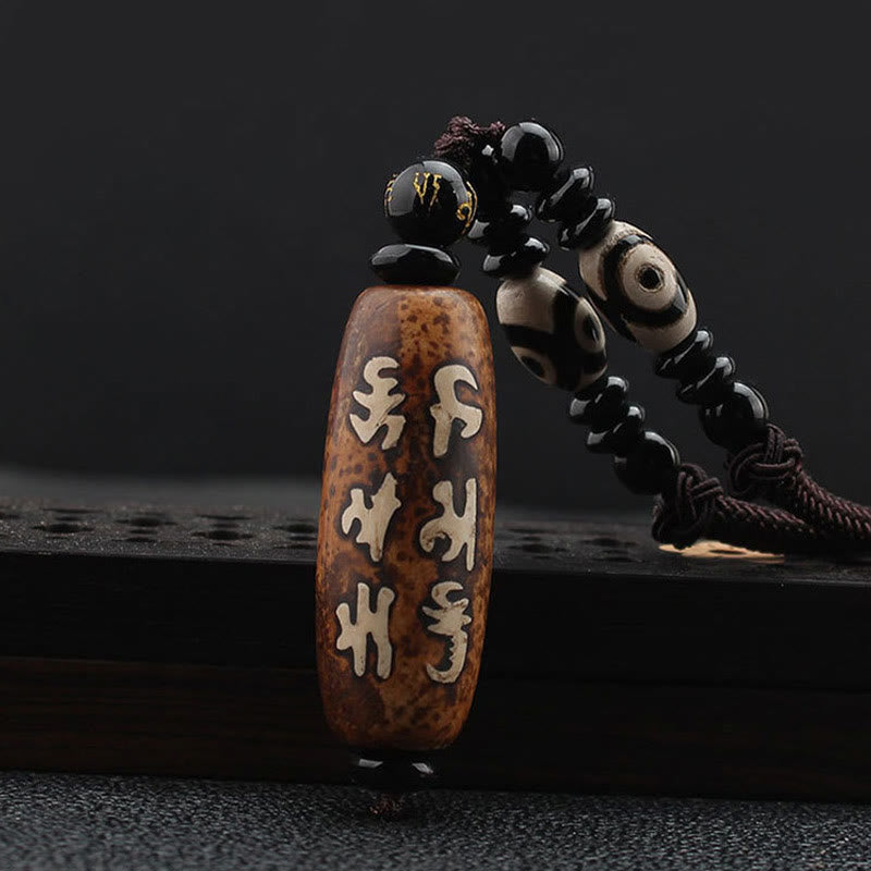 Wear FengShui Tibet Om Mani Padme Hum Dzi Bead Avalokitesvara Pattern Wealth Necklace Pendant