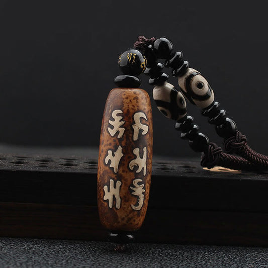 Wear FengShui Tibet Om Mani Padme Hum Dzi Bead Avalokitesvara Pattern Wealth Necklace Pendant