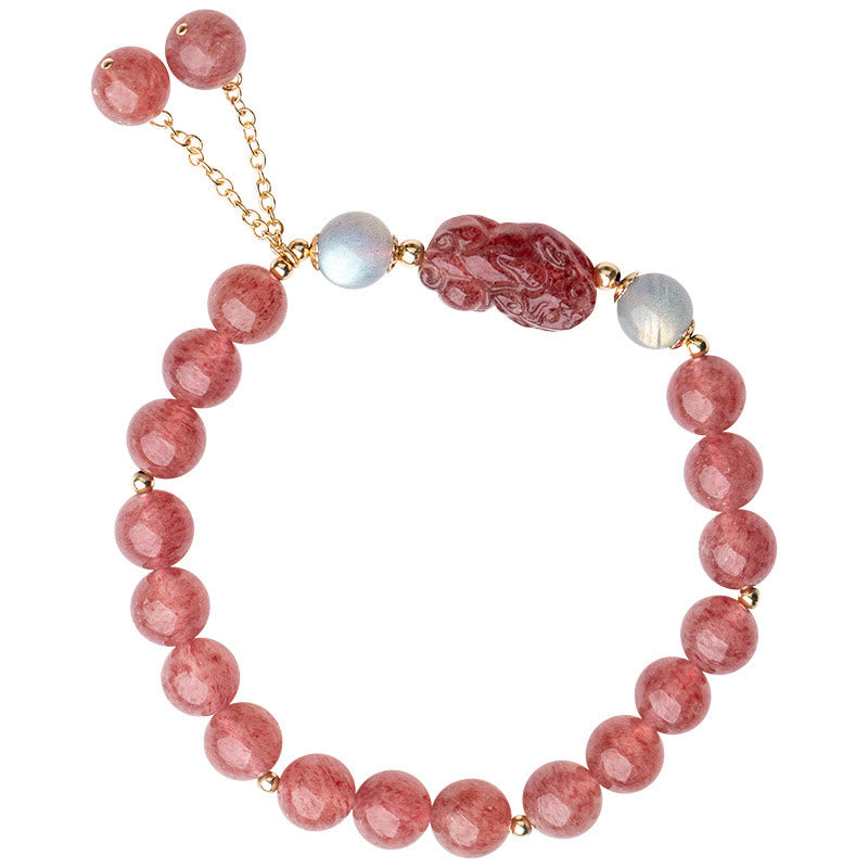 Wear FengShui Natural Strawberry Quartz Moonstone PiXiu Love Healing Bracelet