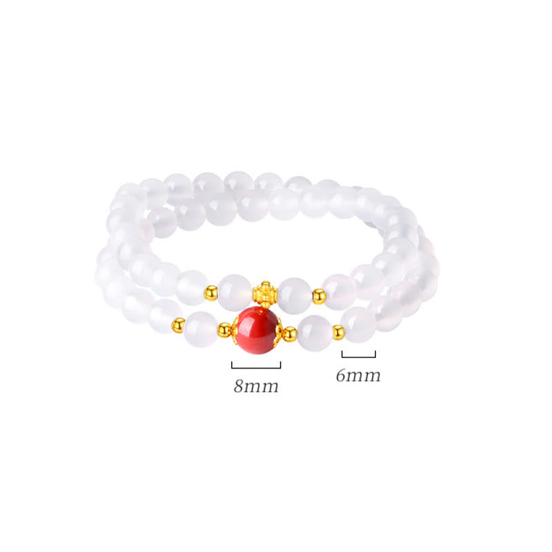 Wear FengShui 925 Sterling Silver Natural White Agate Cinnabar Double Wrap Protection Bracelet