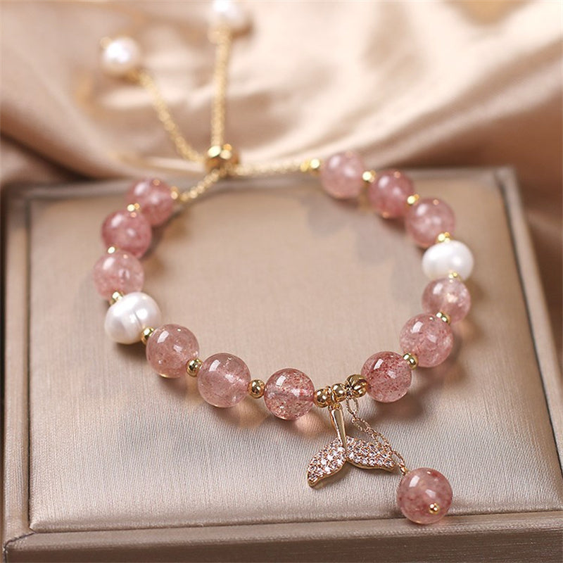 Wear FengShui Strawberry Quartz Rutilated Quartz Fishtail Charm Healing Bracelet