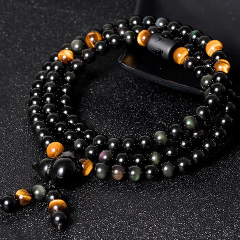 Wear FengShui Natural Black Obsidian Rainbow Obsidian Gourd Blessing Bracelet Mala