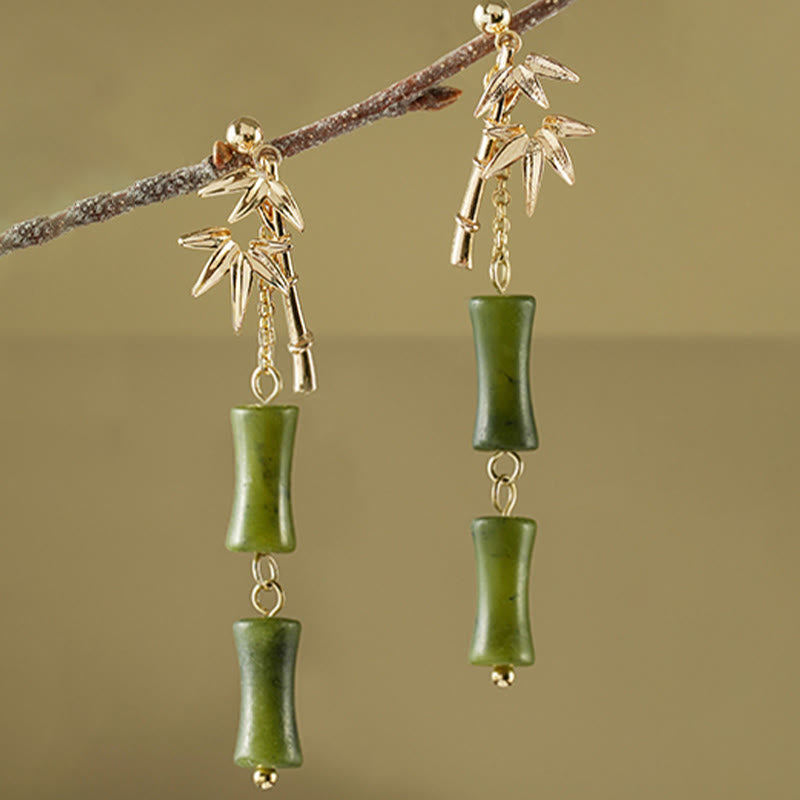 Wear FengShui 925 Sterling Silver Posts Copper Plated Gold Natural Peridot Bamboo Leaf Drop Earrings