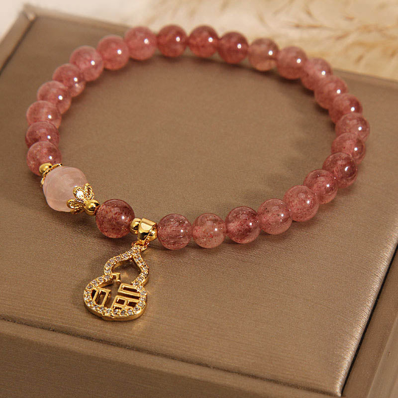 Wear FengShui Strawberry Quartz Gourd Fu Character Charm Positive Bracelet