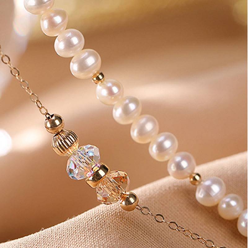 Wear FengShui 925 Sterling Silver Plated 14k Gold Natural Pearl Crystal Healing Double Layer Bracelet