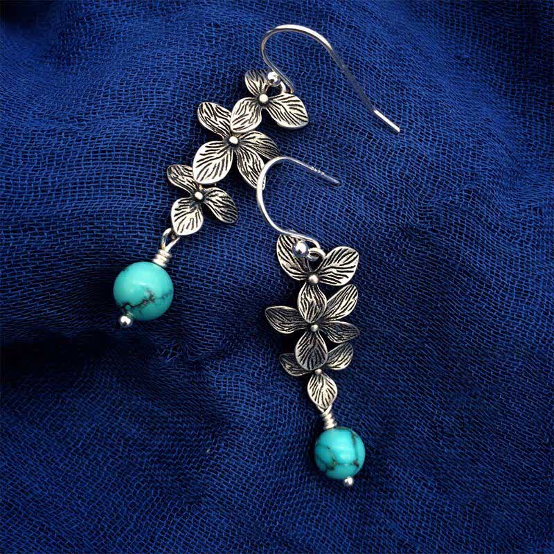 Wear FengShui 925 Sterling Silver Turquoise Lazurite Flower Leaf Serenity Protection Hook Drop Dangle Earrings