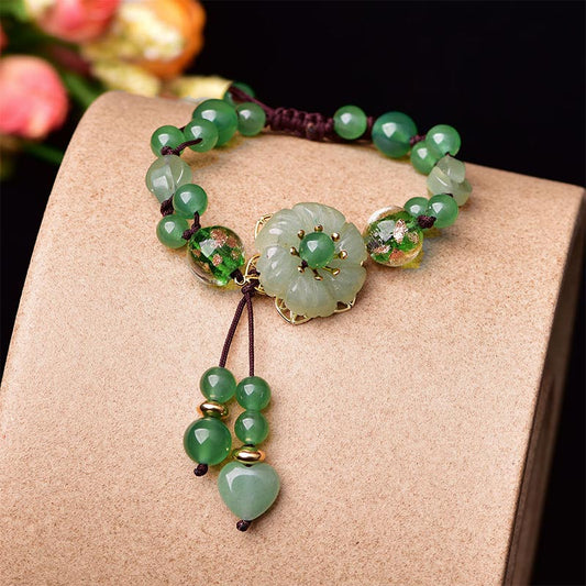 Wear FengShui Natural Green Jade Luck Dangling Flower Bracelet