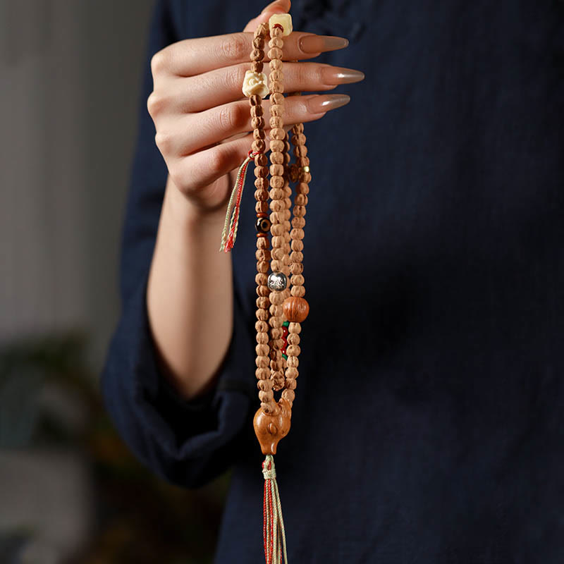 Wear FengShui 108 Beads Bodhi Seed Red Agate Deer Head Wisdom Mala Bracelet