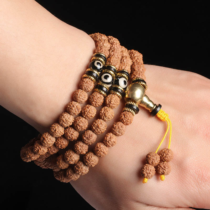 Wear FengShui 108 Mala Beads Rudraksha Bodhi Seed Dzi Bead Luck Wealth Bracelet