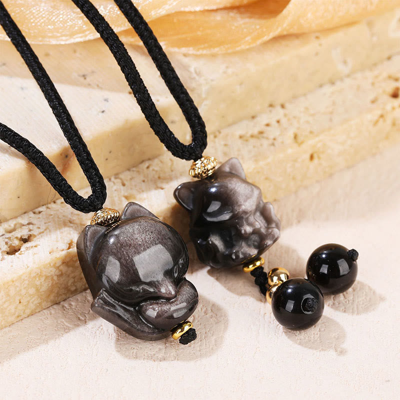 Wear FengShui Natural Silver Sheen Obsidian Nine Tailed Fox Protection Necklace Pendant