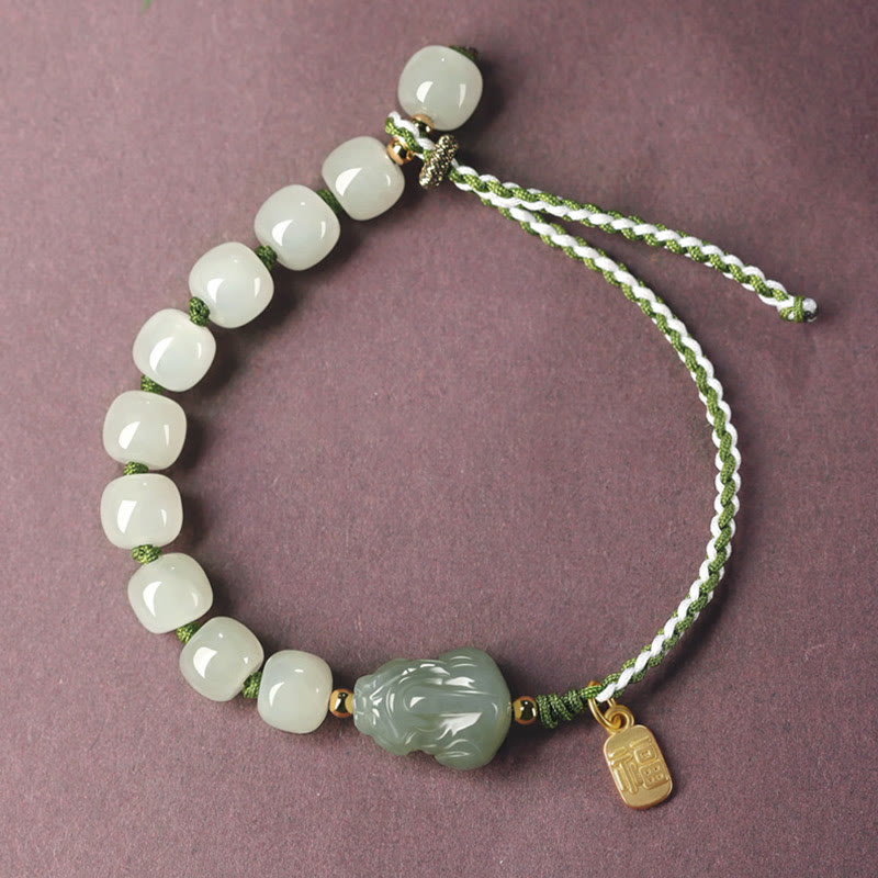 Wear FengShui Natural Hetian Jade PiXiu Luck Fu Character String Bracelet