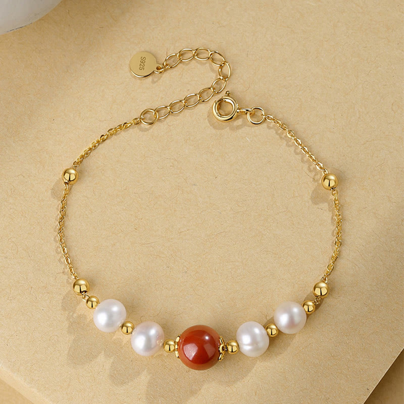 Wear FengShui 925 Sterling Silver Pearl Cinnabar Healing Bead Chain Bracelet