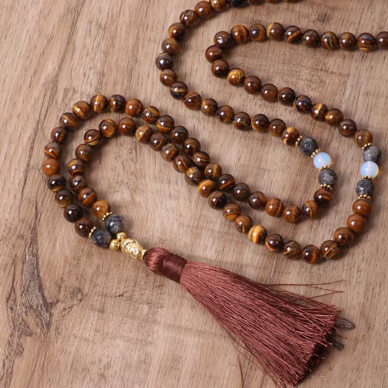 Wear FengShui Tibetan Tiger Eye Buddha Strength Power Beaded Tassel Pendant Necklace