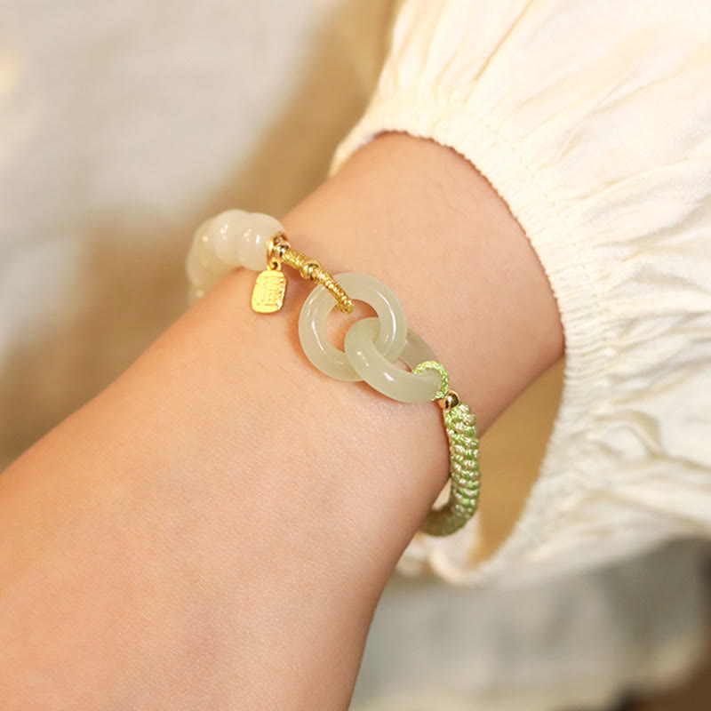 Wear FengShui Natural Hetian Jade Bead Double Peace Buckle Fu Character Abundance Braided Bracelet