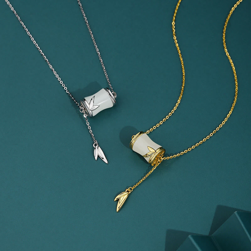 Wear FengShui 925 Sterling Silver 22K Gold Hetian White Jade Bamboo Leaf Luck Necklace Pendant Bracelet