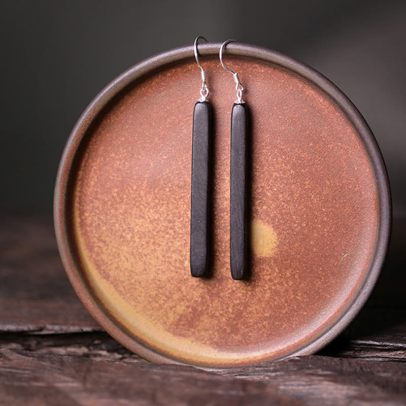 Wear FengShui 925 Sterling Silver Ebony Wood Texture Balance Peace Drop Dangle Earrings