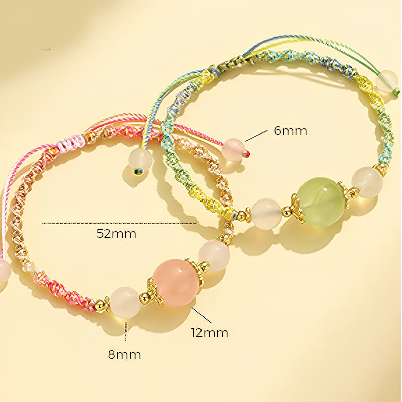 Wear FengShui Strawberry Quartz Pink Crystal Prehnite White Agate Bead Healing Rope Bracelet