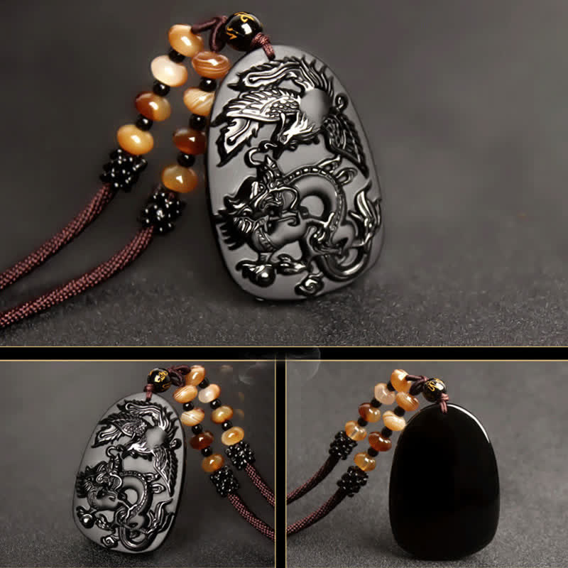 Wear FengShui Black Obsidian Tiger Eye Dragon Phoenix Protection Beaded Necklace Pendant
