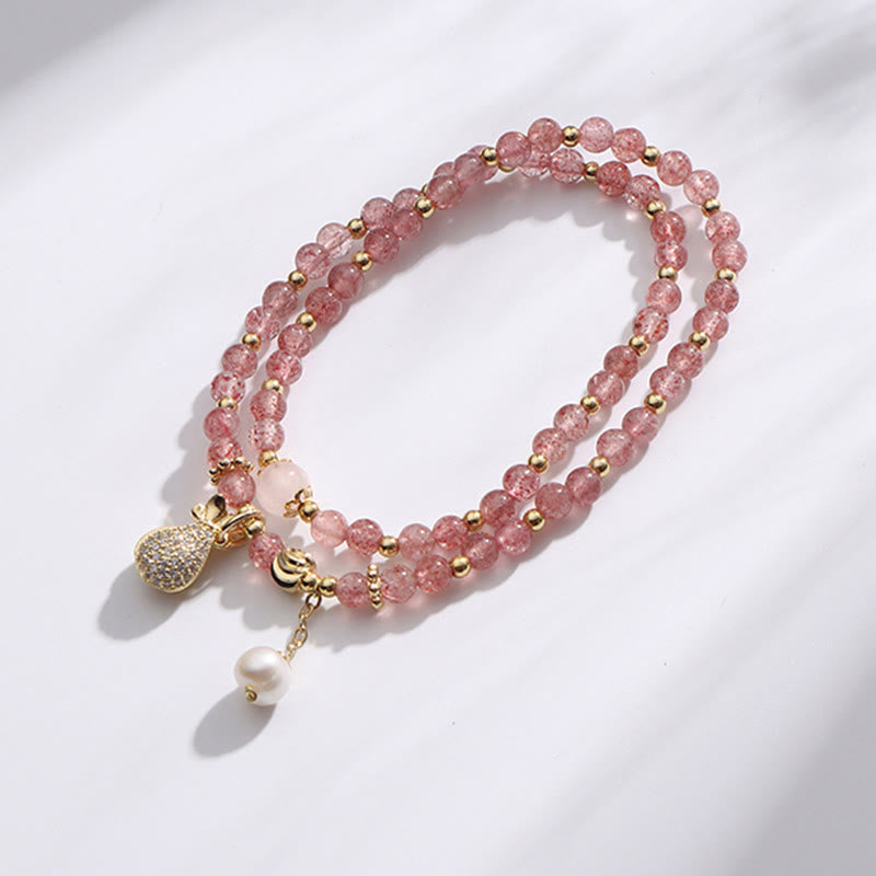 Wear FengShui Strawberry Quartz Money Bag Positive Charm Double Wrap Bracelet