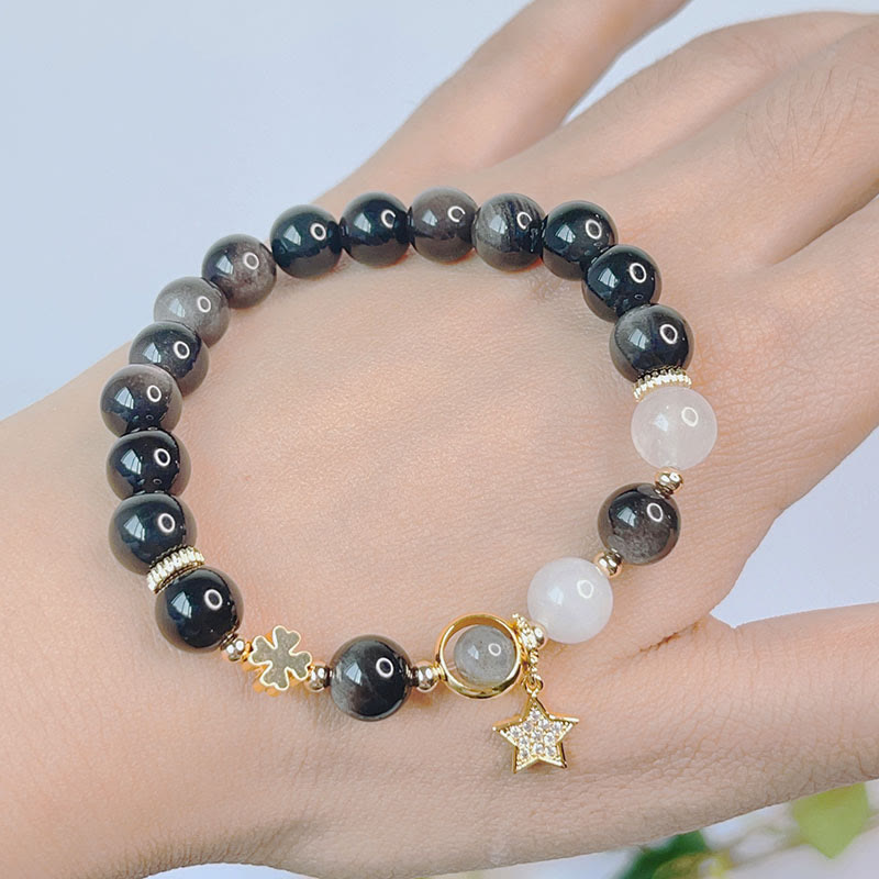 Wear FengShui Natural Silver Sheen Obsidian Love Heart Star Flower Protection Bracelet