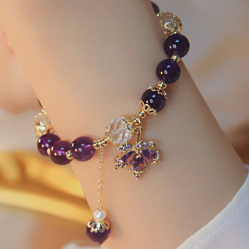 Wear FengShui 14k Gold Plated Natural Amethyst Healing Maple Leaf Charm Bracelet