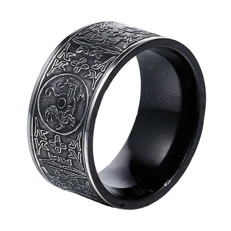 Wear FengShui Four Guardian Beast Dragon White Tiger Suzaku Basalt Carved Success Luck Ring