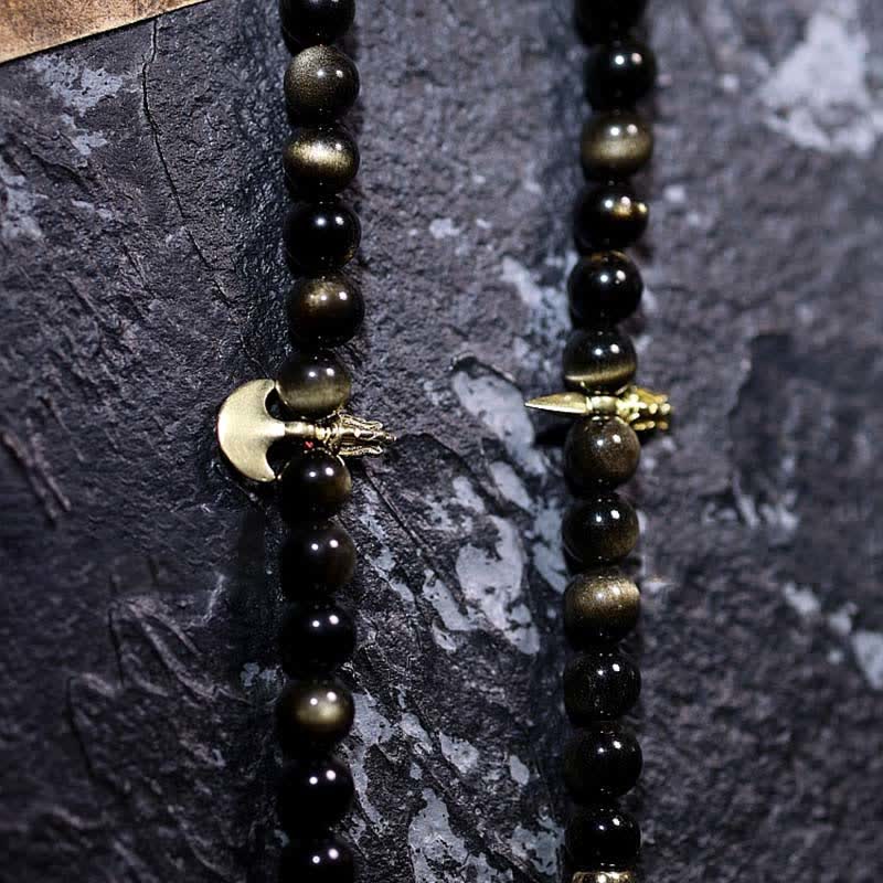 Wear FengShui 108 Mala Beads Gold Sheen Obsidian Tiger Eye Eagle's Eye Stone Wealth Bracelet
