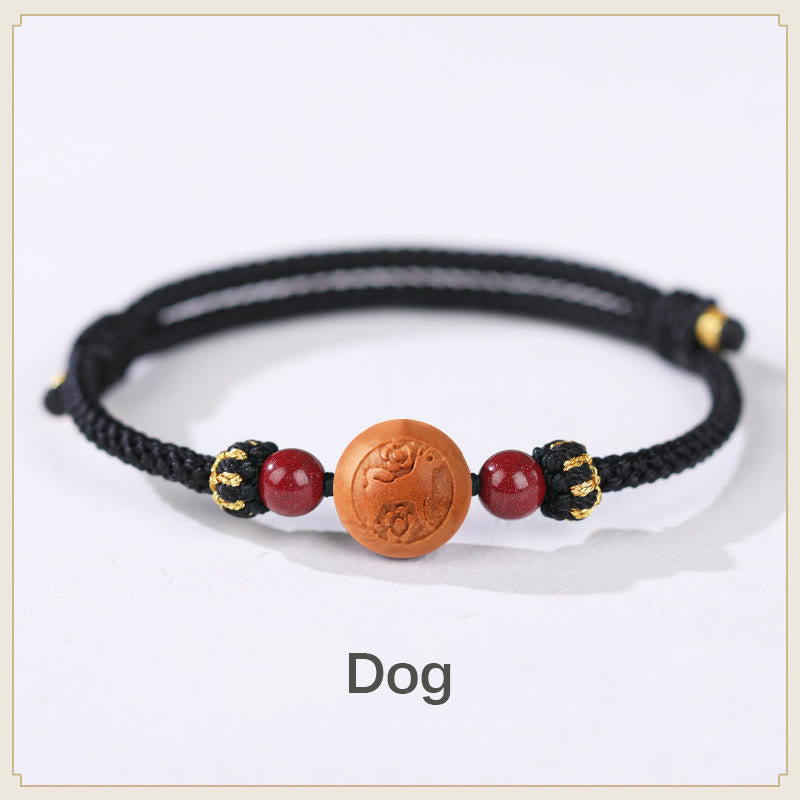 Wear FengShui Natural Peach Wood Chinese Zodiac Fu Character Carved Cinnabar Wealth Bracelet